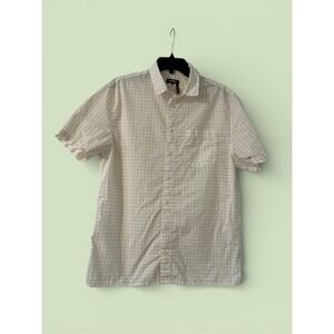 This is a DKNY white and orange printed button-down shirt.